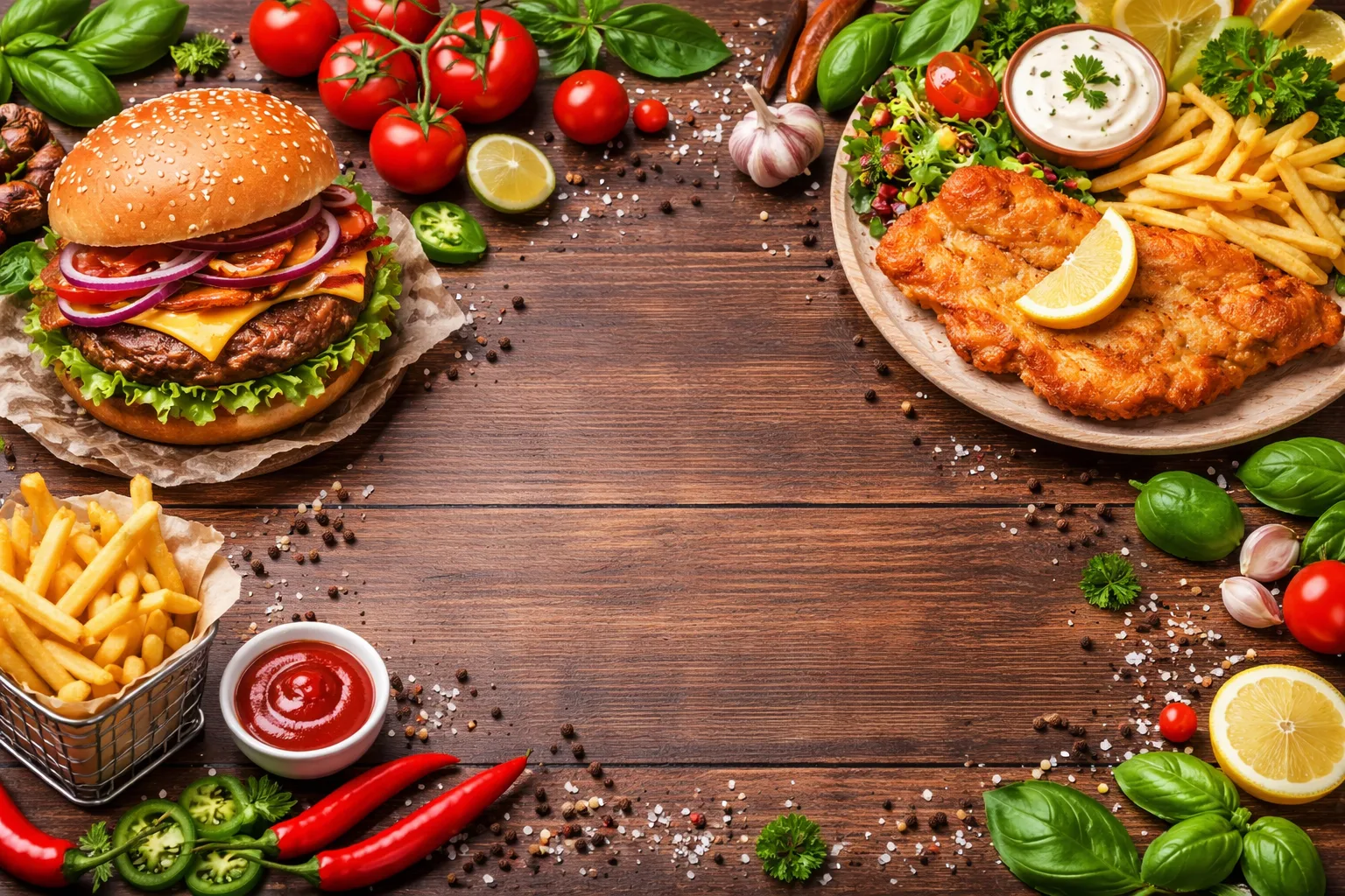 Overhead spread of a burger, schnitzel with fries, fresh vegetables, and condiments on a wooden surface.