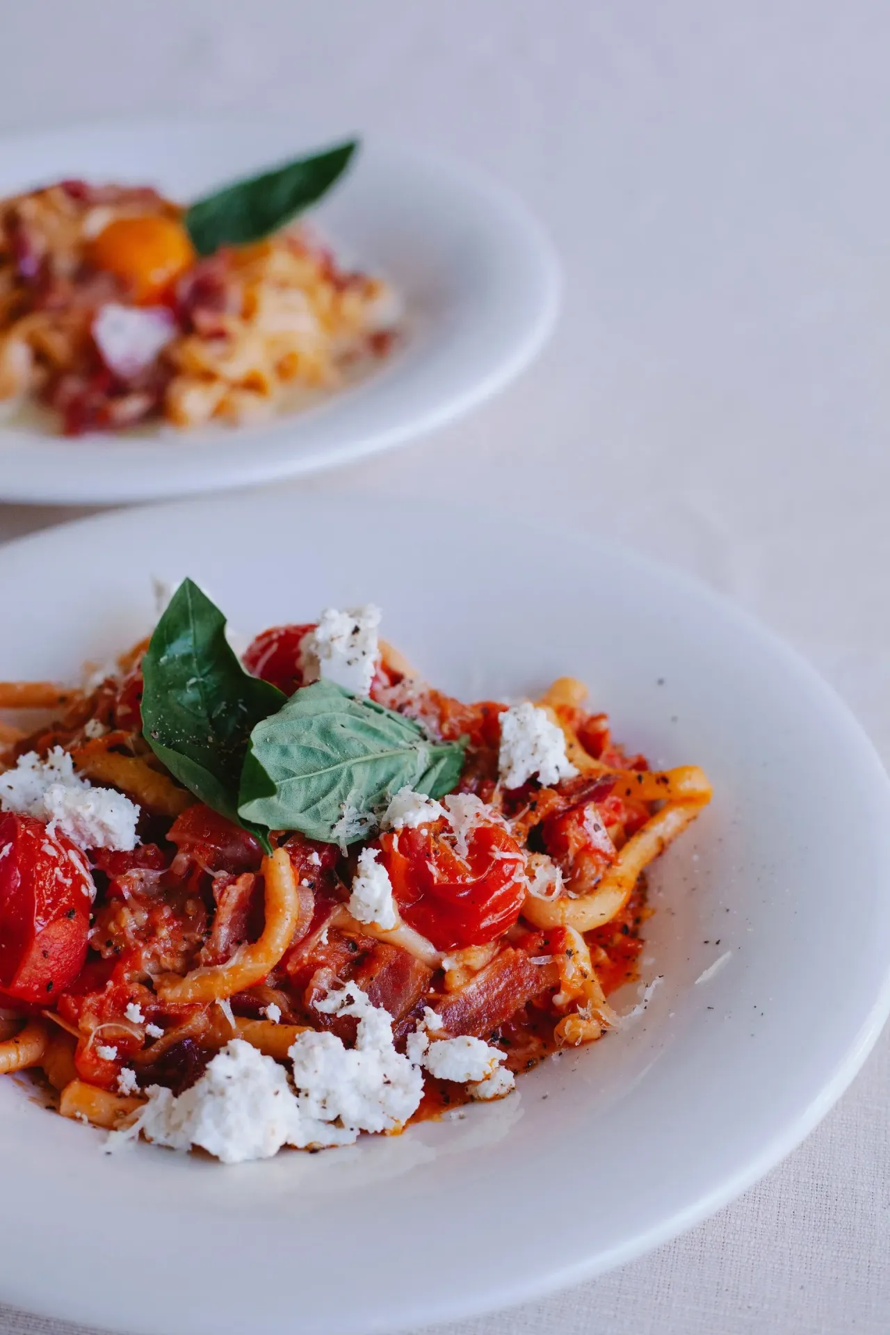 Rustic pasta with tomato sauce, fresh ricotta, basil leaves, and grated cheese on white plates.