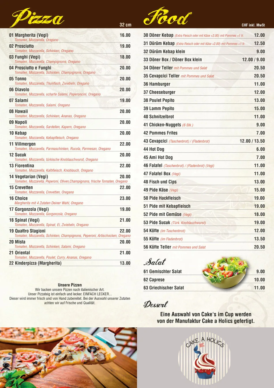 Full menu featuring pizzas, kebabs, burgers, salads, and desserts with CHF prices.