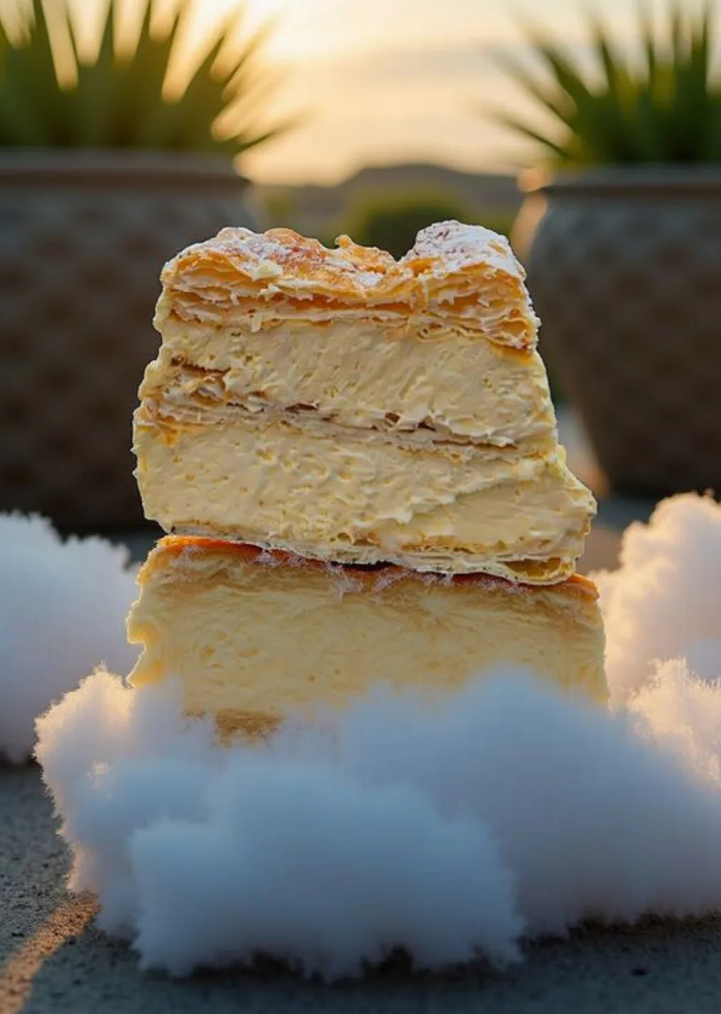 Layered cream pastry slice with flaky golden pastry and rich vanilla cream filling dusted with powdered sugar.