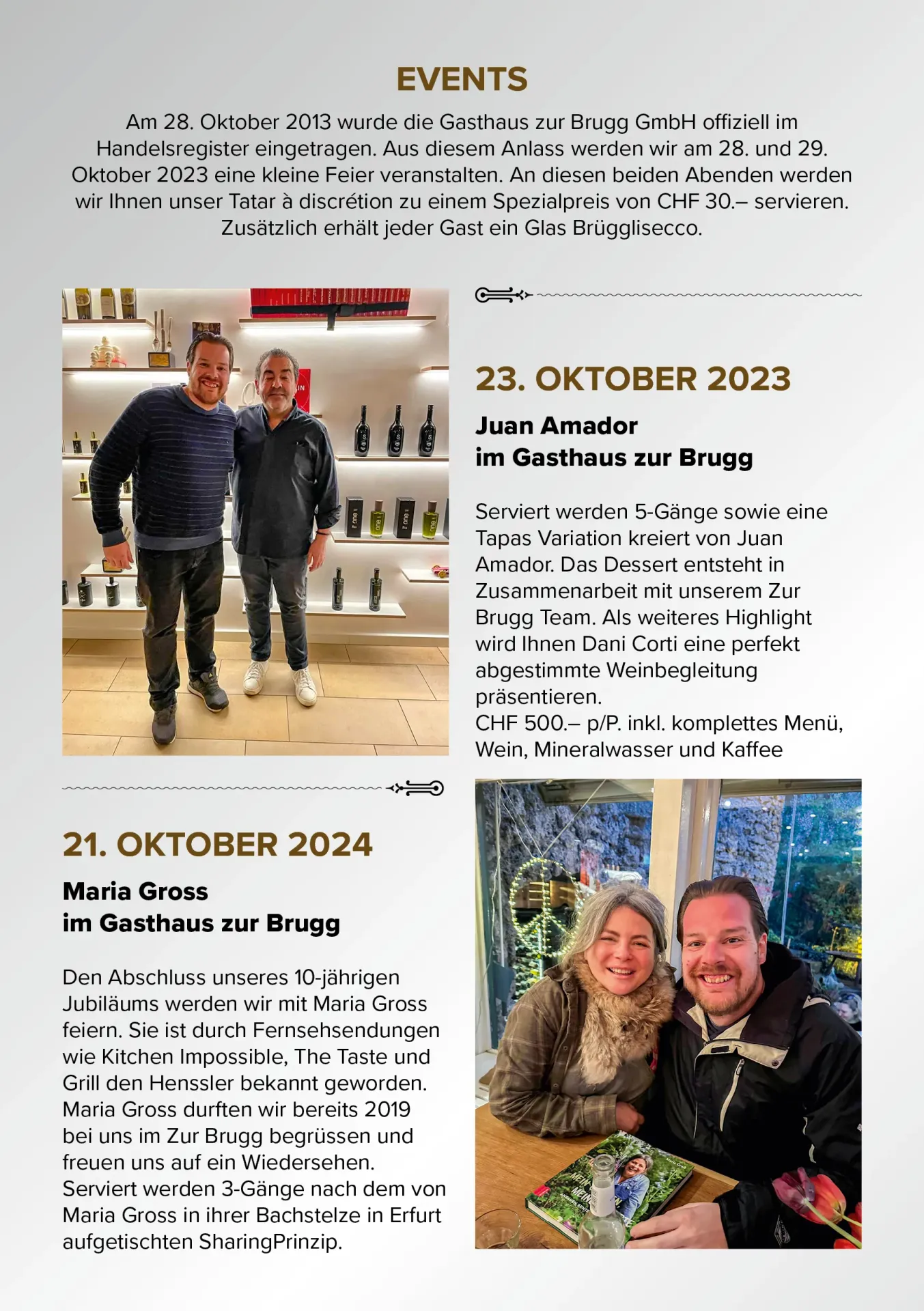 Jubilee brochure listing monthly special events and guest chef evenings throughout the anniversary year.
